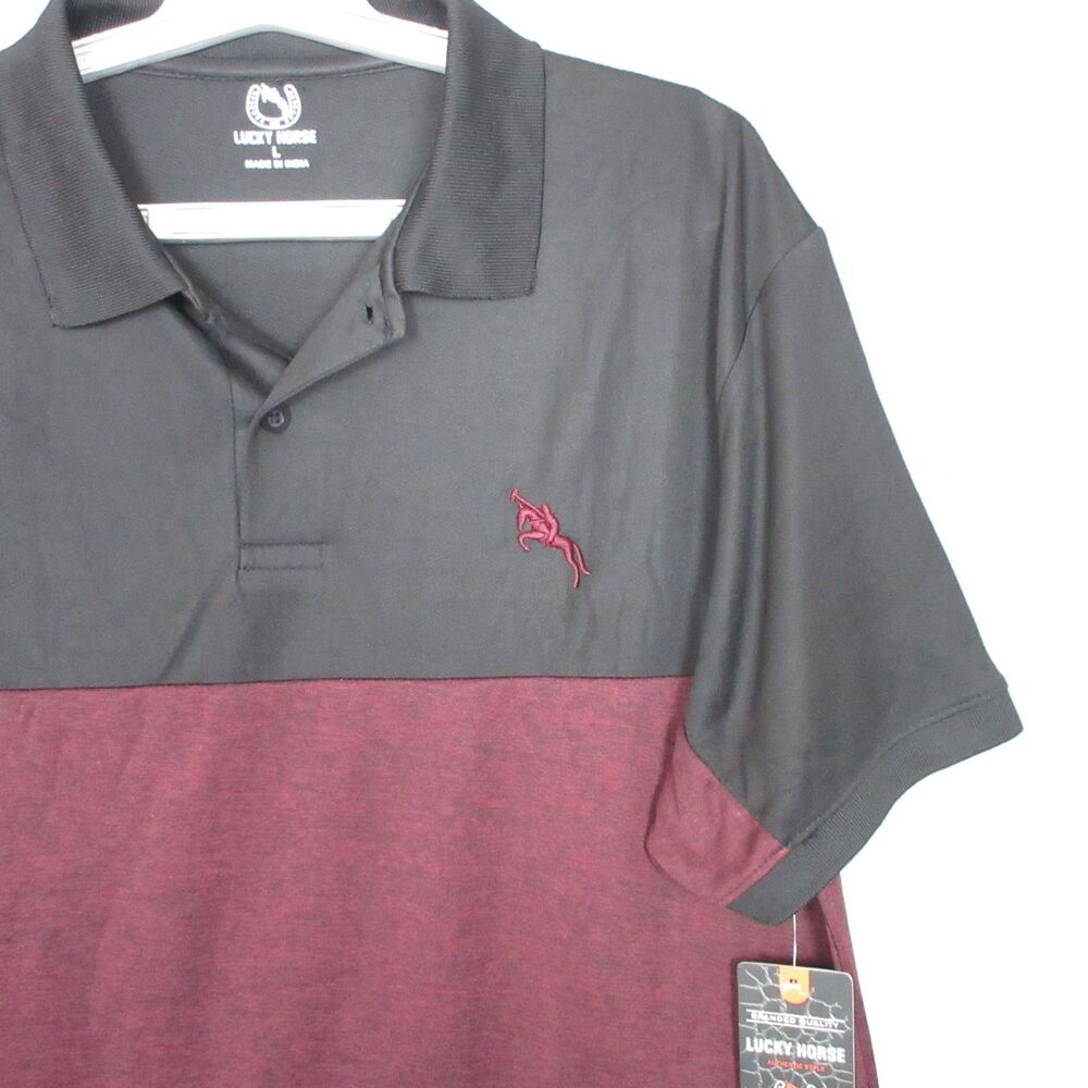 Lucky Horse Polo Shirt Mens L Burgundy Black Colorblock Short Sleeve Embroidered